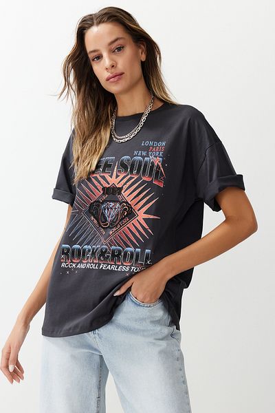 Trendyol Collection Anthracite 100% Cotton Printed Oversize/Wide Cut Knitted T-Shirt TWOSS24TS00187