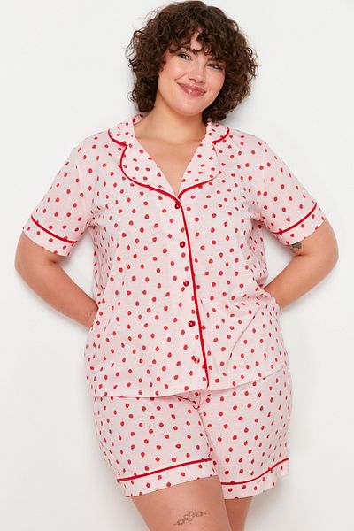 Trendyol Curve Pink Strawberry Patterned Shirt Collar Knitted Pajamas Set TBBSS24AI00046