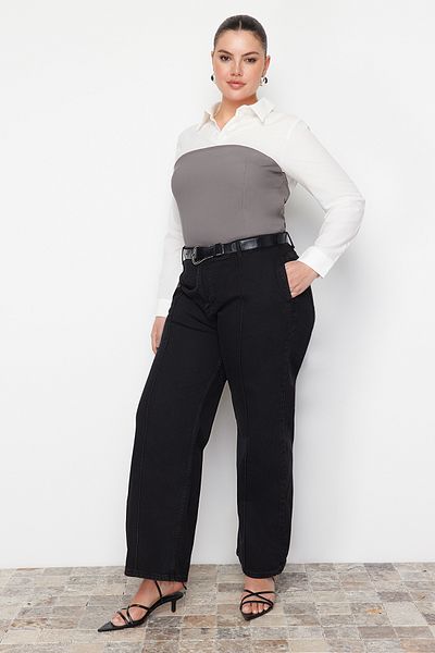 Trendyol Curve Anthrazitfarbene, gerippte, weit geschnittene Jeans mit hoher Taille TBBAW23CJ00013