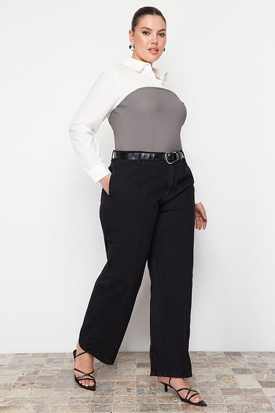 Trendyol Curve Anthrazitfarbene, gerippte, weit geschnittene Jeans mit hoher Taille TBBAW23CJ00013