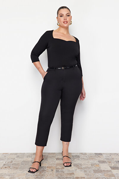 Trendyol Curve Μαύρο υφαντό Cropped Παντελόνι Plus Size - TBBAW23AR00020