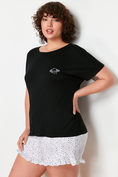 Trendyol Curve Μαύρο εμπριμέ Πλεκτό Σετ Πιτζάμες TBBSS24AI00051