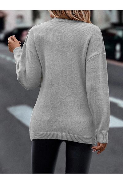OMKA BUTİK Double Breasted Neckline Patterned Braided Knitwear Sweater Gray