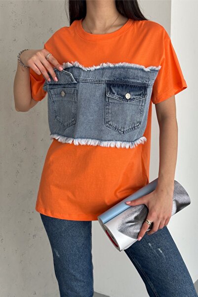 FEMELLE Women's Orange Double Pocket Tasseled Denim Detailed Design Cotton T-Shirt
