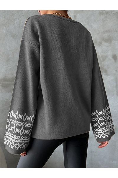OMKA BUTİK Crew Neck Casual Sleeve Oversize Jacquard Patterned Detailed Gray Knitwear Sweater