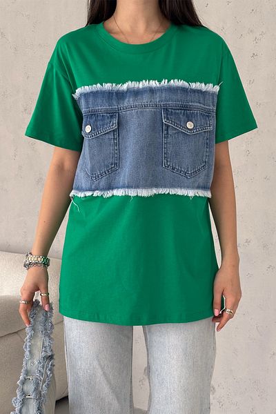 FEMELLE Tricou de damă, verde, cu buzunar dublu, din denim, cu design detaliat, din bumbac