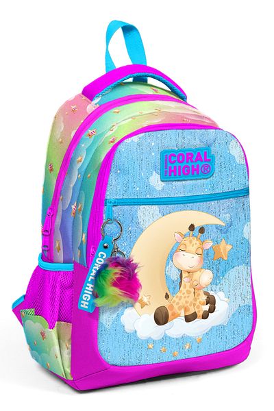 Coral High Rucsac școlar cu trei compartimente pentru copii, albastru, roz, cu model girafe 23479