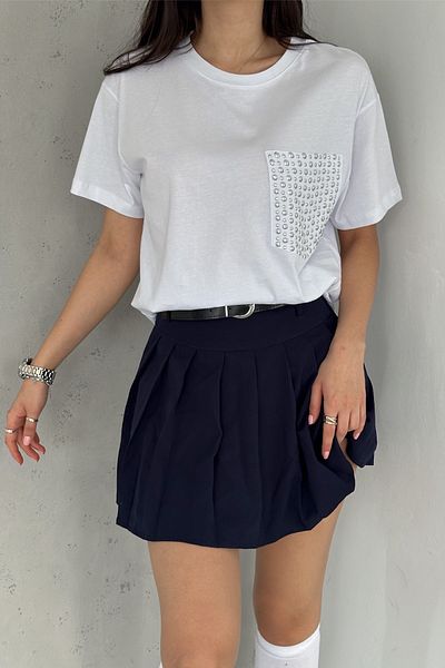 FEMELLE Tricou alb din bumbac cu paiete de buzunar pentru femei