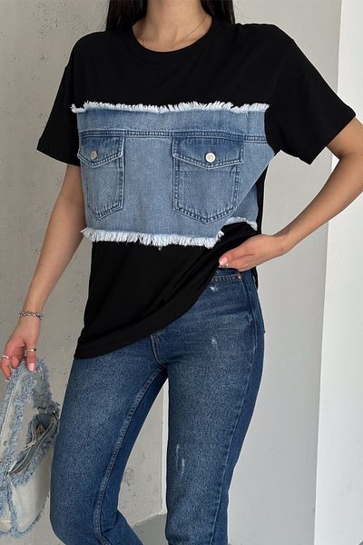 FEMELLE Tricou de damă, negru, cu buzunar dublu, din denim, cu design detaliat, din bumbac