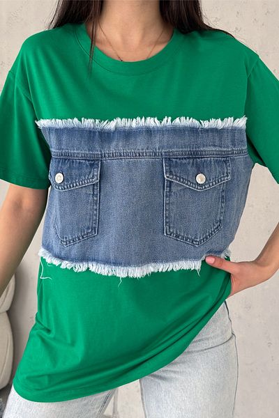 FEMELLE Tricou de damă, verde, cu buzunar dublu, din denim, cu design detaliat, din bumbac