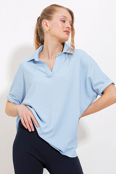Bigdart Μπλε Oversize Πόλο Πλεκτή Μπλούζα - Γυναικεία 0486