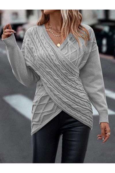 OMKA BUTİK Double Breasted Neckline Patterned Braided Knitwear Sweater Gray