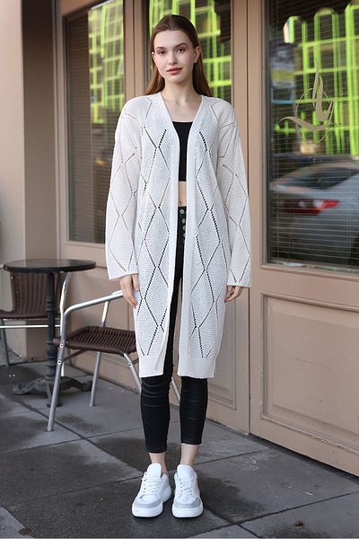 ALCHON Openwork Diamond Patterned - V-Neck Long Sleeve Midi Length Perforated Knitwear Summer Cardigan