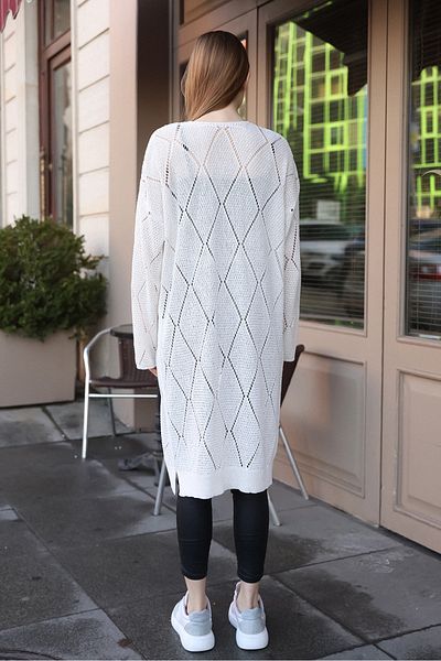 ALCHON Openwork Diamond Patterned - V-Neck Long Sleeve Midi Length Perforated Knitwear Summer Cardigan