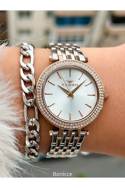 FERRO Wicker Cord Gold Color Waterproof Women's Wristwatch + bracelet