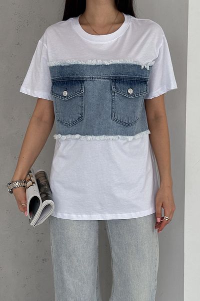 FEMELLE Women's White Double Pocket Tasseled Denim Detailed Design Cotton T-Shirt