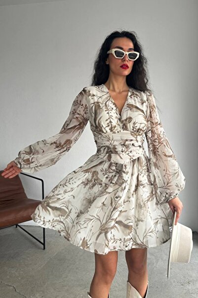 lovebox Mini rochie de seară albă cu mânecă lungă, din țesătură din șifon, cu decolteu în V, pentru femei 088