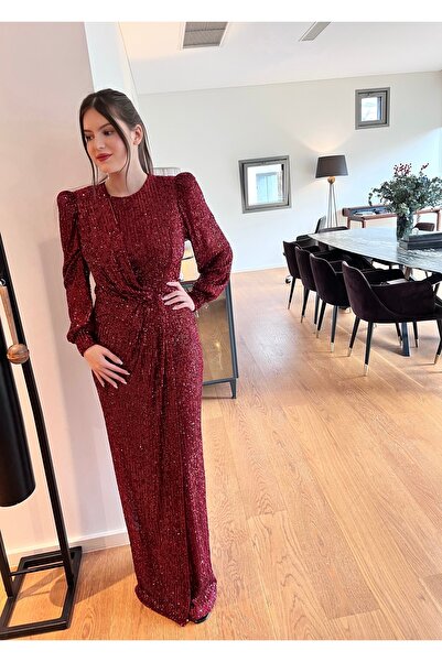 Sultan Ekşioğlu Tasarımı Bordo Drapeli Payet Abiye