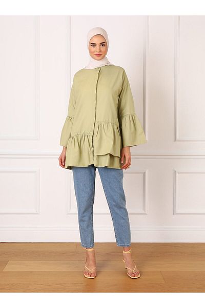 Refka Asymmetrical Flywheel Detailed Poplin Tunic - Olive - Refka