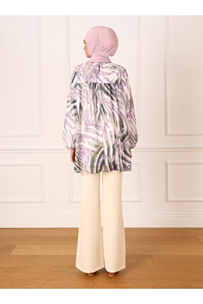 Refka Lined Zebra Patterned Chiffon Tunic with Elastic Cuffs - Lilac - Refka