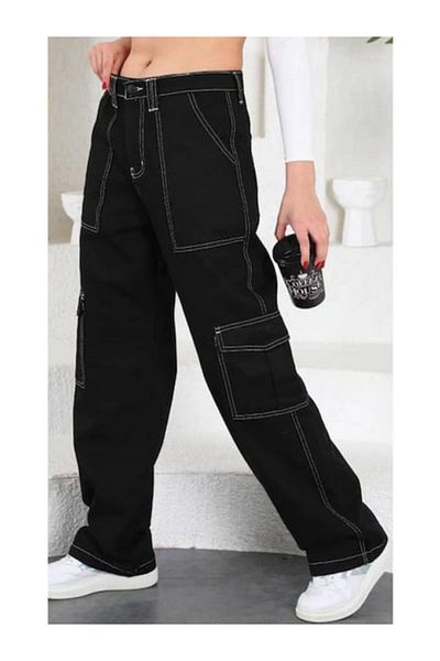 DUBAİ ÇOCUK Cargo Pocket Jeans Denim Reverse Stitching Black Girls' Pants Loose