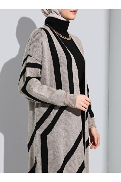 Refka Geometric Patterned Long Knitwear Cardigan with Balloon Sleeves - Mink Black - Refka