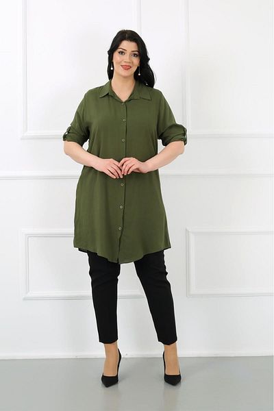 By Alba Collection Women's Cotton Viscose Plain Large Size Tunic Khaki