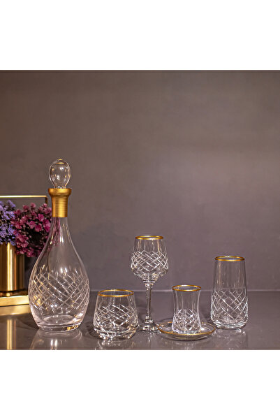 sudeka 61 Parça 12 Kişilik Kareçubuk Gold El Dekor Kesme Cam Su Takımı