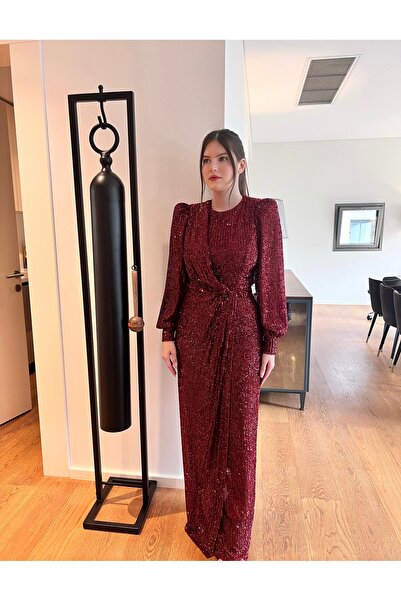 Sultan Ekşioğlu Tasarımı Bordo Drapeli Payet Abiye