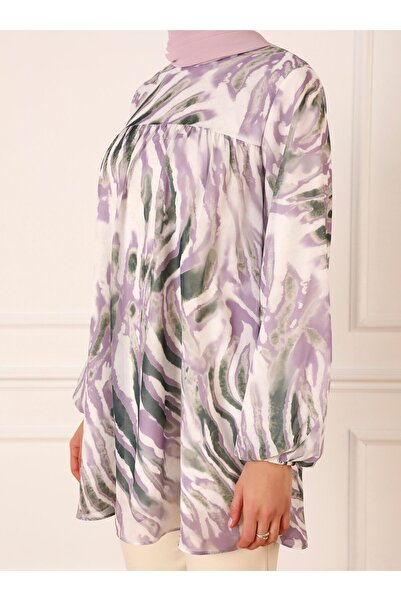 Refka Lined Zebra Patterned Chiffon Tunic with Elastic Cuffs - Lilac - Refka