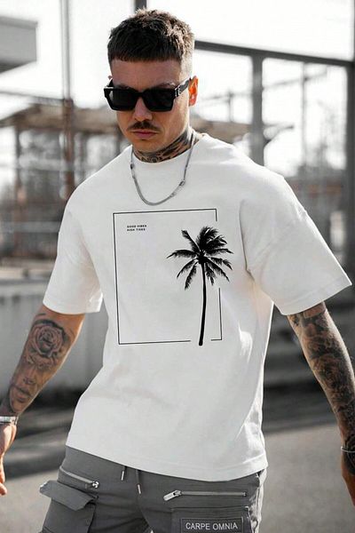 MODAGEN Ανδρικό μπλουζάκι Oversize με στάμπα με παλάμη σε λευκό λαιμό