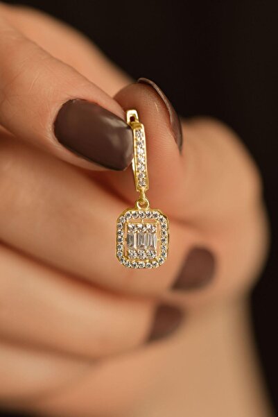 Erdobia Zirkon Taşlı Gold Üç Sıra Sallantılı Baget Gümüş Küpe