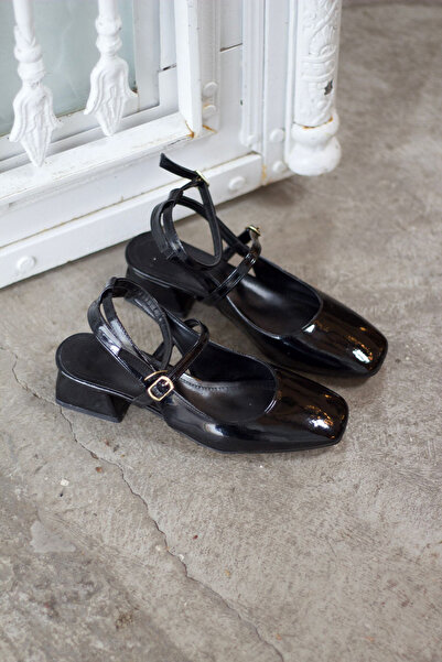 Rainon Store Mary Jane Black Patent Leather Ankle Short Heeled Women's High Heels