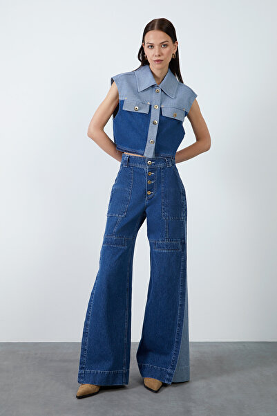 GİZİA Etiket Detaylı Parçalı Lacivert Jean Pantolon