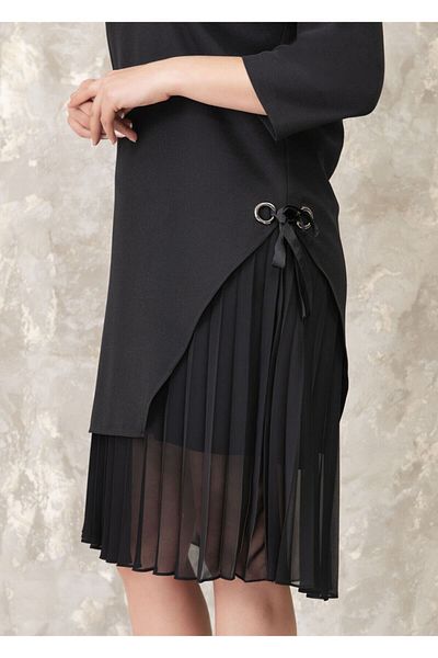 Even Plus Size - Büyük Beden Kadın Giyim Rochie de damă neagră cu panglică laterală detaliată de mărime mare