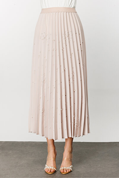 Nefeli İncili Krep Soley Etek Bej-Bej