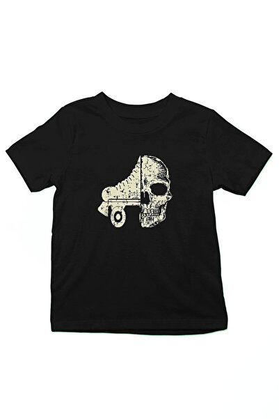 Darkhane Paten ve Kurukafa Siyah Unisex Çocuk Tişört T-Shirt