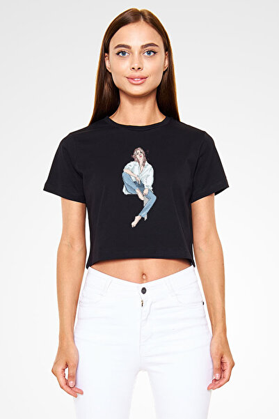 Darkhane Unisex Black Crop Top - Blue Shirt Girl T-shirt