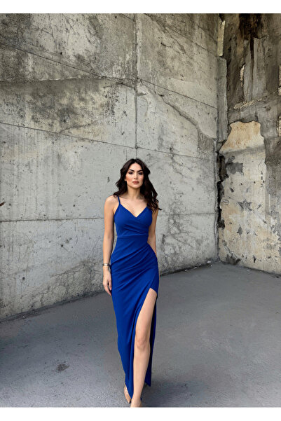 Mekafashion Emily Kruvaze Yaka İp Askı Yırtmaçlı Abiye 582193 SAKS MAVİSİ