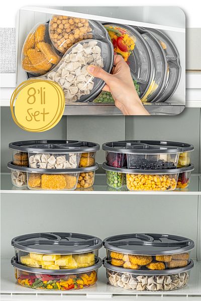 Vienev 1.2 Liter Anthracite 8-Piece 3-Compartment Round Storage Container