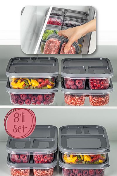 Vienev 1.15 Liter Anthracite 8-Piece 3-Compartment Rectangular Storage Container