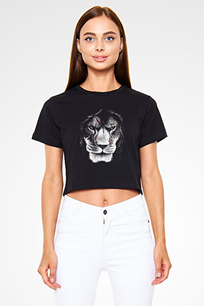 Darkhane تي شيرت قصير للجنسين منقوش عليه أسد أسود