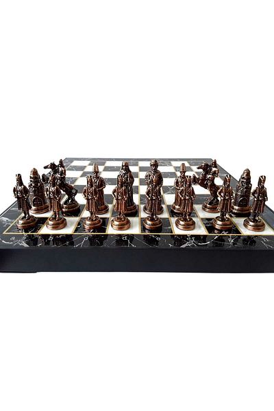 kapadokyahediyelik Chess Game Set, Wooden Box, Zamak Metal Cast Stone
