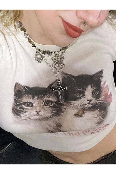 Touz Moda Cute Kitten Ribbed Printed White Crop
