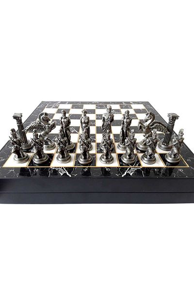 kapadokyahediyelik Chess Game Set, Wooden Box, Zamak Metal Cast Stone