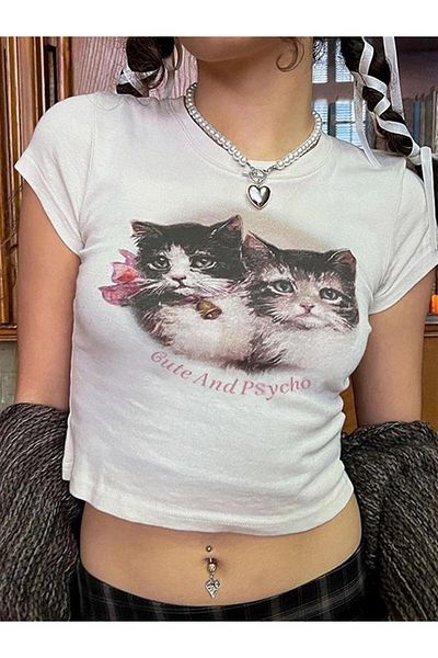 Touz Moda Cute Kitten Ribbed Printed White Crop