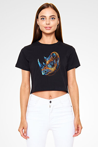 Darkhane Colorful Rhino Black Unisex Crop Top T-Shirt T-Shirt