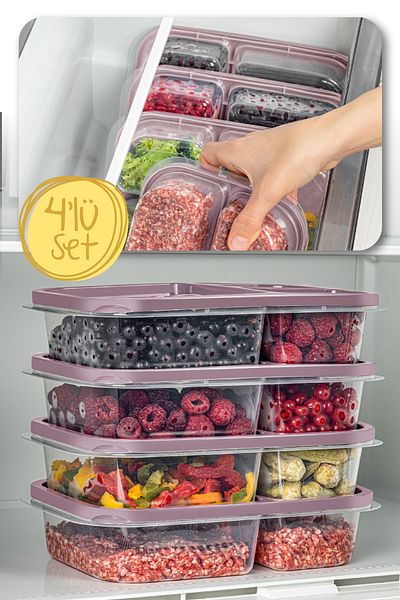 Vienev 1.15 Liter Pink 4-Piece Rectangular Storage Set - 3 Compartments