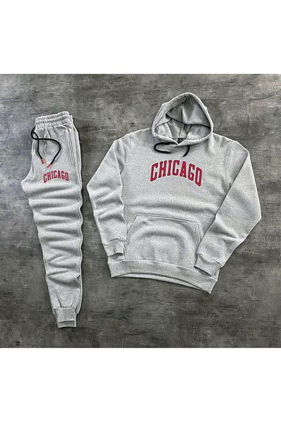 WEARTEX Tracksuit Set Unisex ŞIKAGO Printed Sweatshirt-Cotton Winter Tracksuit Set Set of 2 Set