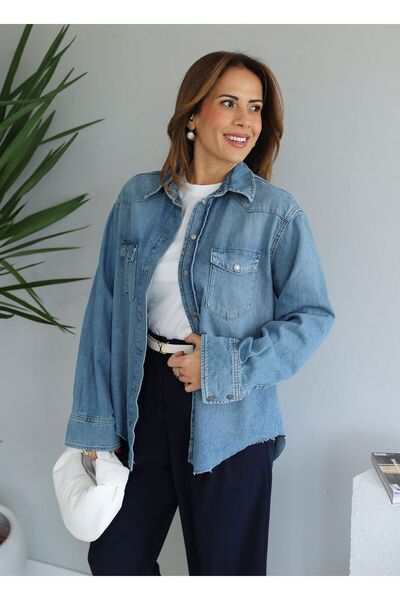 Purple by Banu СИНЯ ДЖИНСОВА СОРОЧКА З ЛАЗЕРНИМ РОЗРІЗОМ